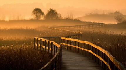 Obraz premium Serene Misty Landscape Wooden Boardwalk: Tranquil Sunrise's Ethereal Beauty and Nature Connection