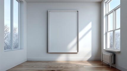 An elegant, empty frame on a white wall in a spacious, well-lit room with hardwood flooring, offering a minimalist and artistic atmosphere ready for personal touches.