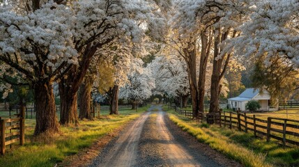 Fototapeta premium Serene Countryside Retreat: Blossoming Trees and Sunlit Path in Springtime Charm