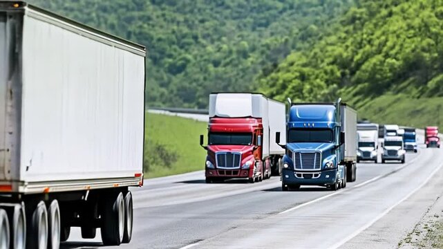 Convoy of colorful trucks on highway in sunlight