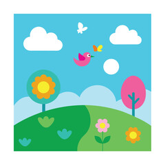 Fototapeta premium Spring Landscape with Birds, Butterflies, and Clouds