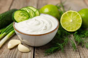 Cucumber sour cream tzatziki sauce on a wooden table.Tartar sauce. Traditional delicious appetizer. yogurt sauce. Tzatziki with ingredients cucumber, garlic,dill,lemon,mint. salad dressing.Copy space
