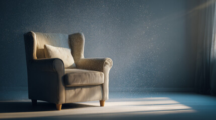 Cozy armchair with cushion illuminated by soft natural light  