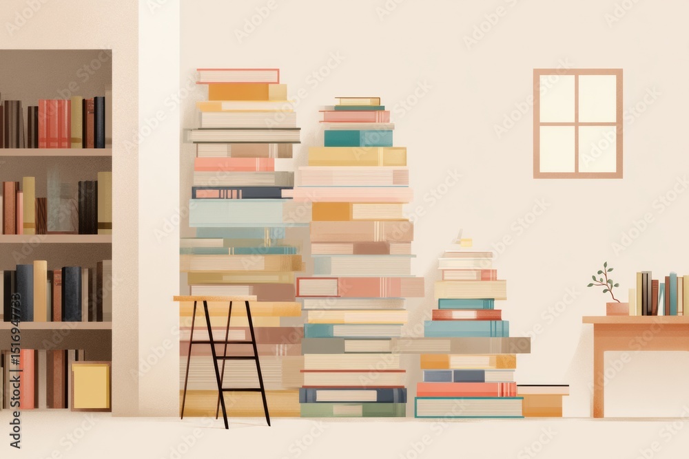 Aufkleber Cozy Home Library Featuring Stacked Books and Inviting Open Space With a Warm Atmosphere