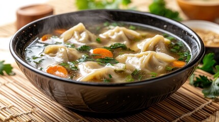 Steaming bowl of broth-based soup with dumplings, carrots, and herbs