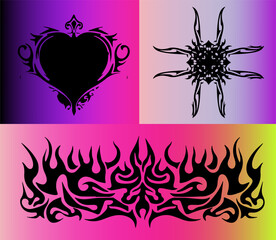 Three ornate vector frames with bold tribal motifs in black, set against colorful gradients. The style is modern tribal tattoo, which remains influential in graphic and poster design trends today.
