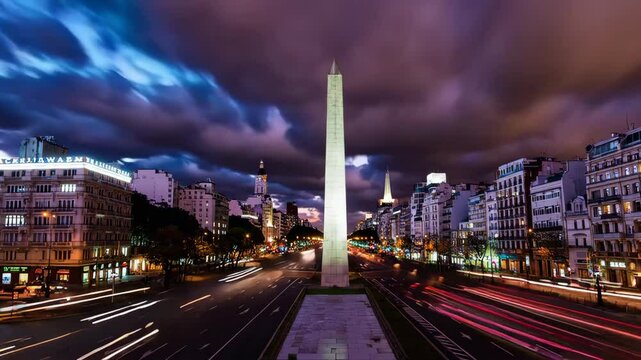 Buenos aires obelisk at night with moving traffic