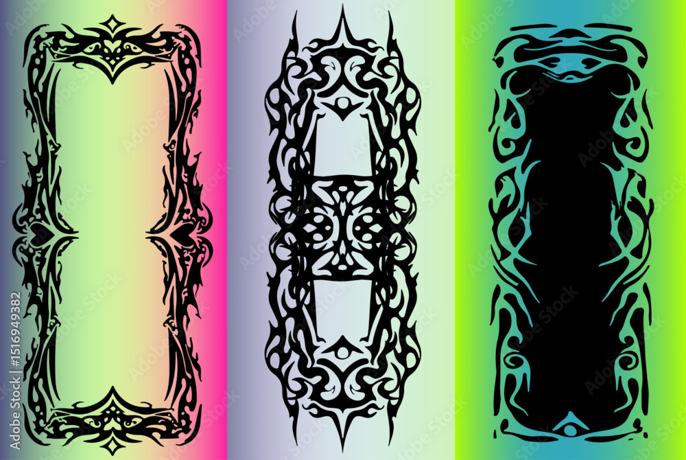 Poster three vector tribal frames on a colorful gradient background. the illustration features bold, sharp 