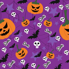 Cute Halloween background with pumpkins, bats, skulls and purple stars