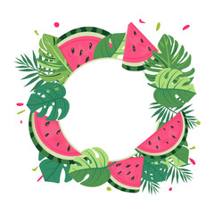 Watermelon Slices and Leaves Vector Illustration on White Background – Fresh Summer Fruit Design with Central Empty Space for Custom Text, Branding, or Personal Design