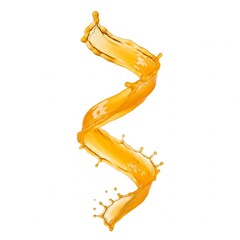 A vibrant orange juice splash swirls into a dynamic spiral with droplets, on a clean white background. Premium clarity, close-up, studio lighting.