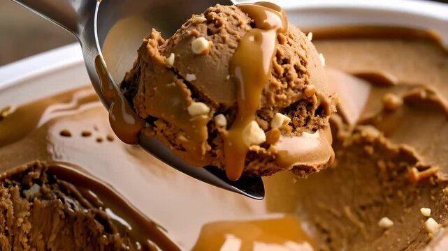 Scooping a ball of chocolate ice cream with caramel drizzle and nut pieces for a sweet and delicious dessert.