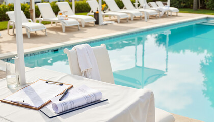 Fototapeta premium Elegant white chairs under commercial awning by swimming pool on sunny terrace 