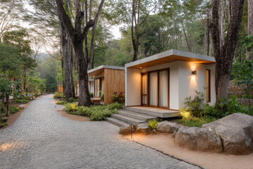 serene eco hotel made of modern capsule houses nestled in lush nature