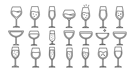 Collection of Minimalist Wine and Champagne Glass Icons - Versatile Stemware Line Art for Beverage Menus and Events.