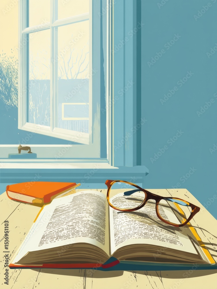 Aufkleber illustration of an open book and glasses on a table by a sunlit window, inviting moments of reading 