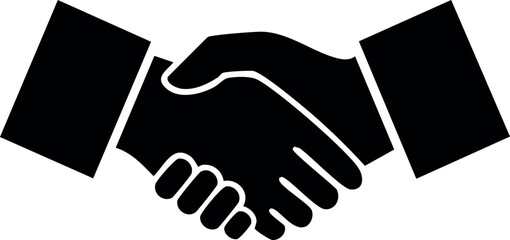 Bold handshake icon in solid black silhouette. Represents agreement, unity, or business partnership in a simple vector format.