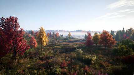 Fototapeta premium Autumnal Forest Landscape With Fall Colors And Misty Morning