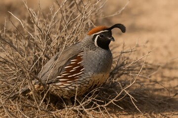 Quail nestled among dry twigs in a serene desert landscape under the warm sunlight