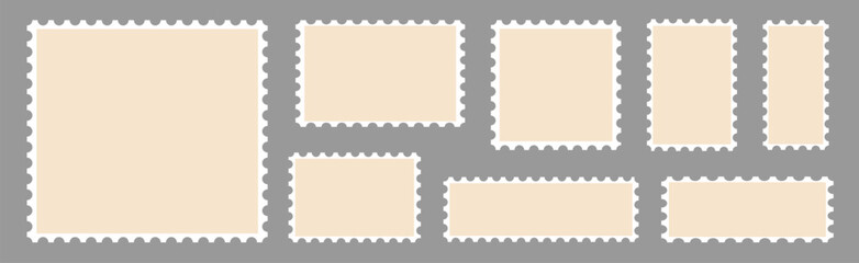 Set of postcard stamps template. Mockup postage stamps.Jagged wavy edge forms