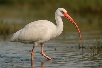 Elegant white ibis wades gracefully through marshy waters at dawn, showcasing its striking red beak and serene presence