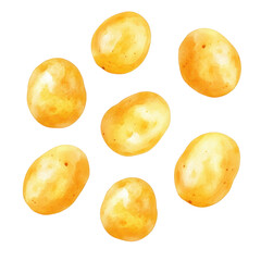 Seven yellow potatoe, Seven yellow potatoes arranged together on a wooden surface, showcasing their smooth skin and round shapes, isolated on transparent background
