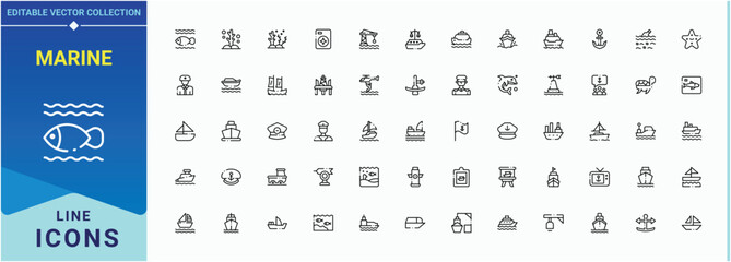 Marine linear icon set. Minimal linear icons. Vector illustration. Pixel perfect. Transport simple icon set. Contain linear symbols sea, ship, ocean, vessel, port and more.