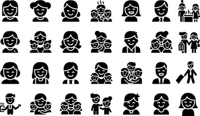 Diverse family icons set black glyph style illustrations