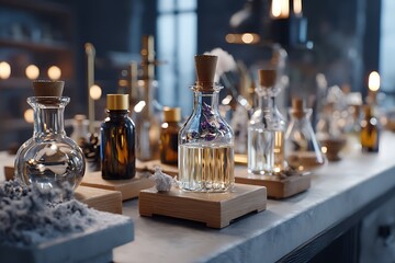 Exploring the intricate world of perfume creation in a well-equipped laboratory, with glass instruments and aromatic substances capturing the essence of craftsmanship.