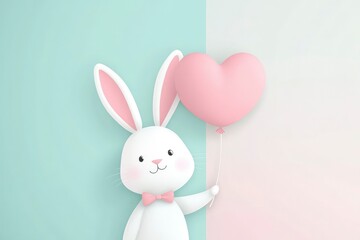 minimalist bunny with heart balloon, mint and pink color scheme, clean pastel vector