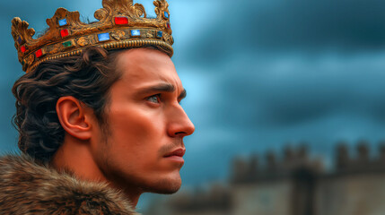 Biblical king wearing a golden crown stands in profile inside an ancient stone castle, gazing at the horizon—spiritual and majestic Old Testament scene.