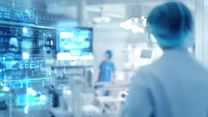 Healthcare professional in high-tech medical room with screens