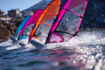 Three windsurfing sails cut through the waves under a bright blue sky, creating an electrifying image full of energy, adventure, and the thrill of summer sports