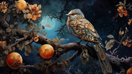 Colorful bird perched on a branch with oranges at night