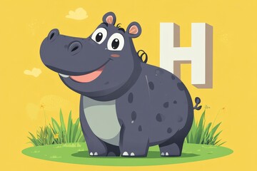 Fototapeta premium flashcard with letter H, happy hippo, flat cartoon design