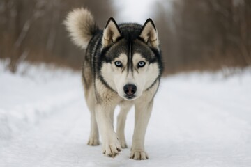 Naklejka premium Siberian husky gracefully walking through a snowy landscape surrounded by winter trees