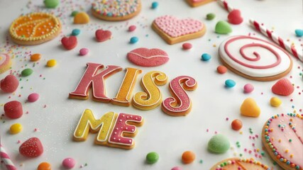 Kiss me cookies decorated with icing hearts and sprinkles. Valentine's Day cookies arrangement includes colorful candies and sweets. Kiss me cookies design perfect for romantic celebration cards - Powered by Adobe