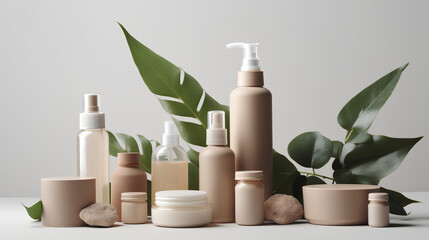 Cosmetic bottles and jars with plant leaves on a table