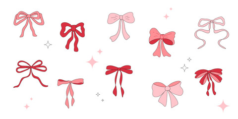 A collection of pink and red hand-drawn bow illustrations in a minimalistic style. Bowknot for decoration, big set of pinky bowtie. Large retro hand drawn ribbon illustration set. Vector illustration