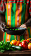 Fototapeta premium Black Chef Gently Seasons a Cast Iron Skillet With Herbs While Wearing a Colorful Kente-Patterned Apron, Surrounded by Fresh Vegetables