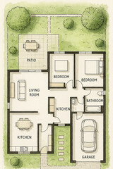 Top-Down Watercolor Floor Plan of Modern Single-Story Home with Patio and Garage