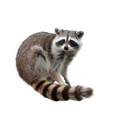 An inquisitive raccoon with distinctive mask staring intently on a black on transparent background