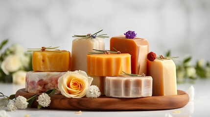 Wooden cutting board with soaps and flowers, creating a lovely display