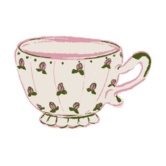Chalk Vintage Antique Tea Cup. Flower Pattern Decoration. Teacup Cottagecore Aesthetic. Floral Old Mug in Victorian Baroque Style. Crayon Textured. Pencil Hand Drawing Vector Illustration Isolated 