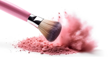 A soft brush with colored powder on a white background with the ability to copy. The concept of beauty and makeup