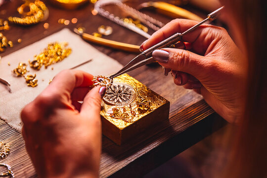 Artisan hands crafting fine gold jewelry using detailed tools in workshop