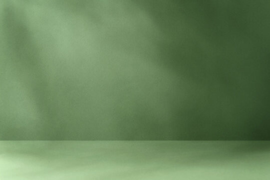 Minimalistic abstract green background for product presentation with aesthetic light and shadows