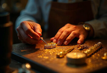 Fototapeta premium Artisan hands crafting fine gold jewelry using detailed tools in workshop