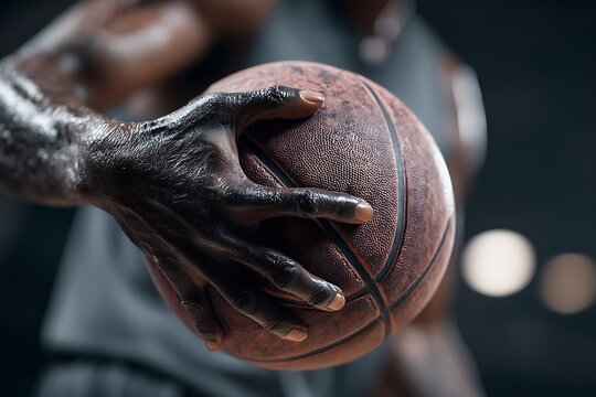 Close-up shot of an indoor basketball playera??s hand gripping the ball, captured in motion with dynamic lighting, emphasizing the intensity and skill of the sport.