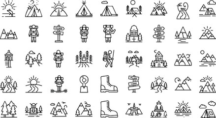 Hiking camping adventure icons mountain landscape travel © SaHeD